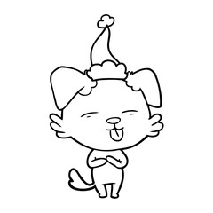 line drawing of a dog sticking out tongue wearing santa hat