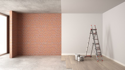 Home renovation, restructuring process, repair and wall painting, construction concept. Brick and painted walls, parquet floor, walls laying and covering, architecture interior design