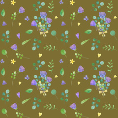 seamless pattern with cute watercolor illustration of stylized flowers.