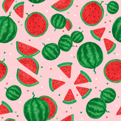 Red watermelon painting, seamless pattern on pink background with dots