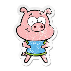 distressed sticker of a happy cartoon pig