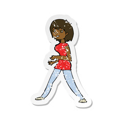 retro distressed sticker of a cartoon woman walking