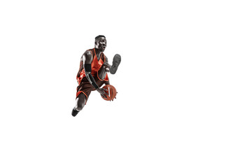 Obraz na płótnie Canvas Full length portrait of a basketball player with a ball isolated on white studio background. advertising concept. Fit african anerican athlete jumping with ball. Motion, activity, movement concepts.