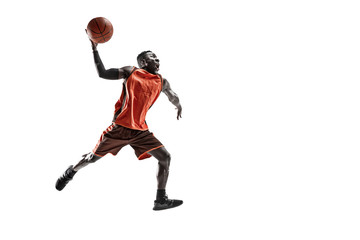 Fototapeta na wymiar Full length portrait of a basketball player with a ball isolated on white studio background. advertising concept. Fit african anerican athlete jumping with ball. Motion, activity, movement concepts.