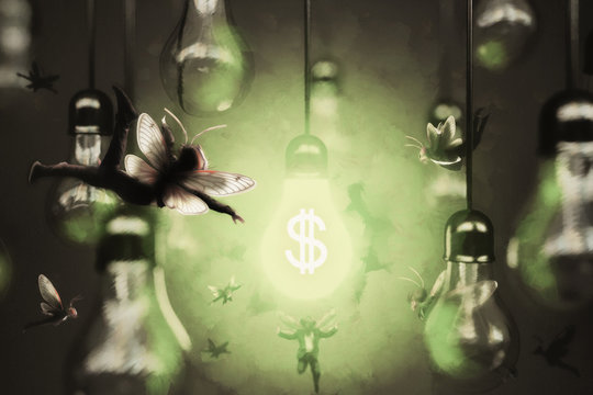 men moths flying around a lamp with dollar sign. Concept of capitalism and greed.