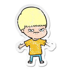 distressed sticker of a annoyed cartoon boy
