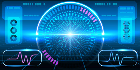 Fantastic HUD display with infographics, electronic circuit, graphs and round diagram