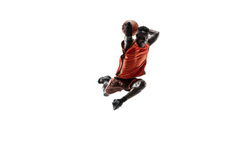 Plakat Full length portrait of a basketball player with a ball isolated on white studio background. advertising concept. Fit african anerican athlete jumping with ball. Motion, activity, movement concepts.