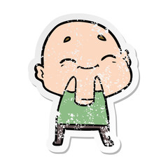 distressed sticker of a cartoon happy bald man