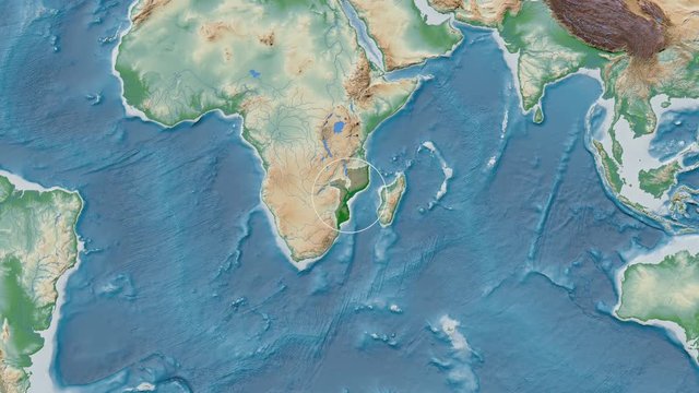 Mozambique area presented against the global physical map in the Patterson Cylindrical projection with animated oblique transformation