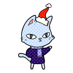 comic book style illustration of a cat staring wearing santa hat