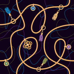 Seamless pattern with chains, pendant and tassels. Colorful trendy jewelry print for fabric, scarf, cravat design. Deep blue color. Vector