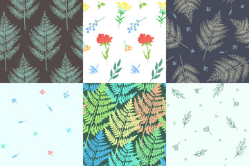 Collection of beautiful patterns with plants and flowers.  Amenities of nature. Vector illustration