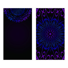 Cards Or Invitations Set With Mandala Design . The Front And Rear Side. Vector Illustration. Blue, black color
