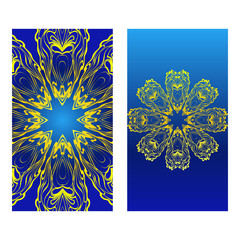 Cards Or Invitations Set With Mandala Design . The Front And Rear Side. Vector Illustration. Blue yellow color