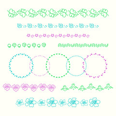 Collection of vector graphic borders\ and circle frames. Geometric and plant motifs