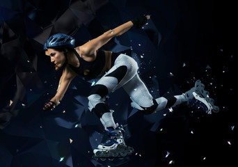 Professional beautiful woman rollerskating