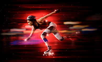 Professional beautiful woman rollerskating