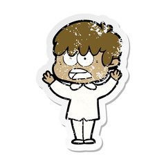 distressed sticker of a worried cartoon boy