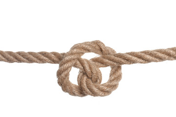 Fototapeta na wymiar Cotton rope with knot on white background