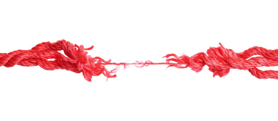 Rupture of red climbing rope on white background