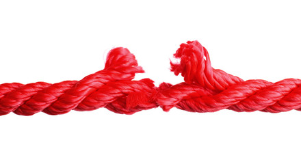 Rupture of red climbing rope on white background