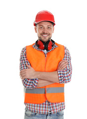 Male industrial engineer in uniform on white background. Safety equipment