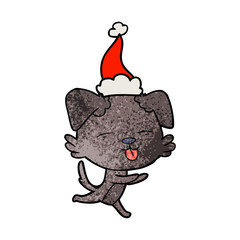textured cartoon of a dog sticking out tongue wearing santa hat