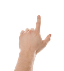 Obraz premium Man pointing at something on white background, closeup of hand