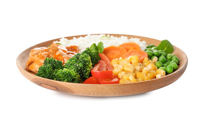Plate with tasty rice, vegetables and meat on white background