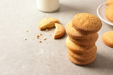 Stack of Danish butter cookies on table. Space for text