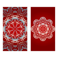 Vintage Invitation Card With Mandala Pattern. The Front And Rear Side. Beautiful Ornament. Vector Illustration. red silver color