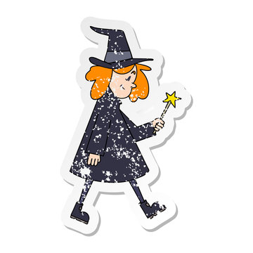 distressed sticker of a quirky hand drawn cartoon witch