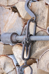 Vintage rod scales against the backdrop of dry birch wood