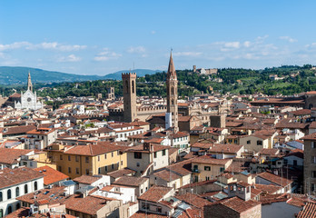 Fototapeta na wymiar Florence cityscape from the top of the Campanile - Florence, Tuscany, Italy. You can see Church of Santa Croce and Bargello museum surrounded by the typical red roofs of the town