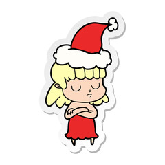 sticker cartoon of a indifferent woman wearing santa hat