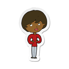 sticker of a cartoon woman making Who Me gesture