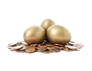 Gold eggs with coins on white background