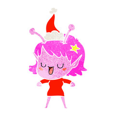 happy alien girl retro cartoon of a wearing santa hat