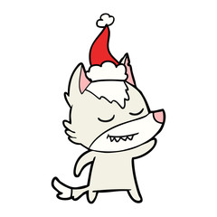 friendly line drawing of a wolf wearing santa hat