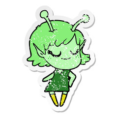 distressed sticker of a smiling alien girl cartoon