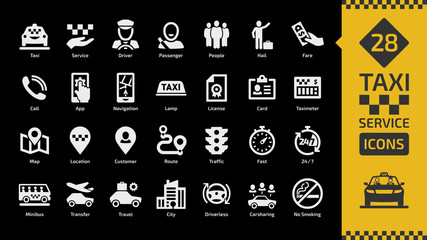 Vector taxi cab car service yellow icon set on a black background with motor transport, driver, passenger on travel, people and city traffic flat silhouette symbol.