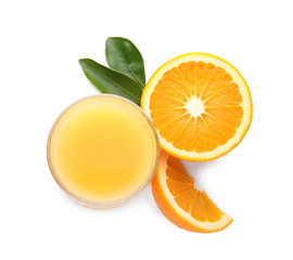 Glass with orange juice and fresh fruit on white background, top view