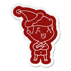cartoon  sticker of a laughing man wearing santa hat