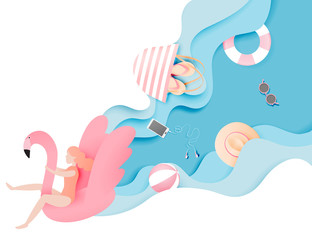 Girl floating on the beach with beautiful sea background paper cut style