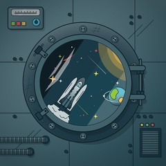 The interior of a spaceship with a porthole and various instruments. Through the porthole opens onto the open space.