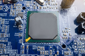 Electronic processor chip on the motherboard. Concept of high technology and repair microchip