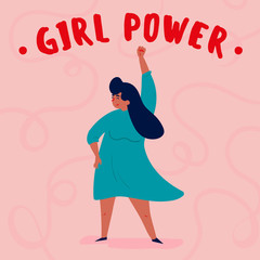 Girl power and feminist international movement concept. Single strong woman with her fist in the air. Fight for and defend your rights idea. Vector art feminine motivational poster illustration
