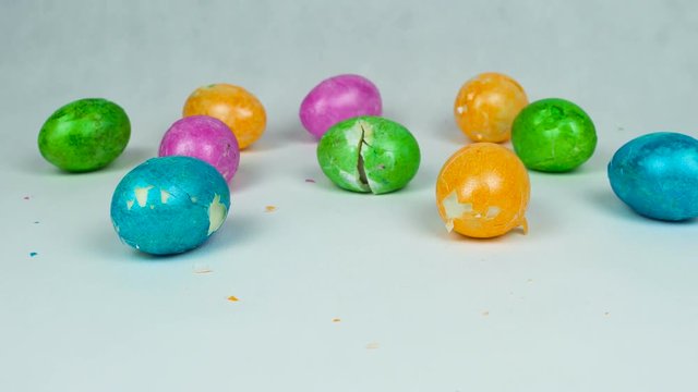 Broken Decorated eggs during Christian festival Pascha or Resurrection Sunday after Traditional Easter game egg jarping competition, cracked shell