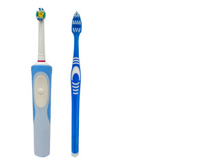 Electric toothbrush isolate. Manual toothbrush on a pure white background. Various brushes. Copy space